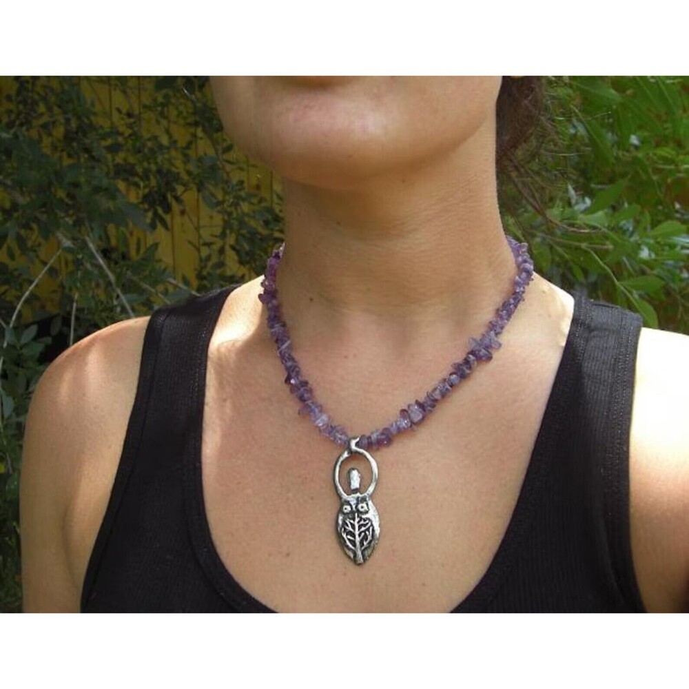 Amethyst Chip Bead Necklace with Goddess Tree Of Life Pewter Pendant Purple